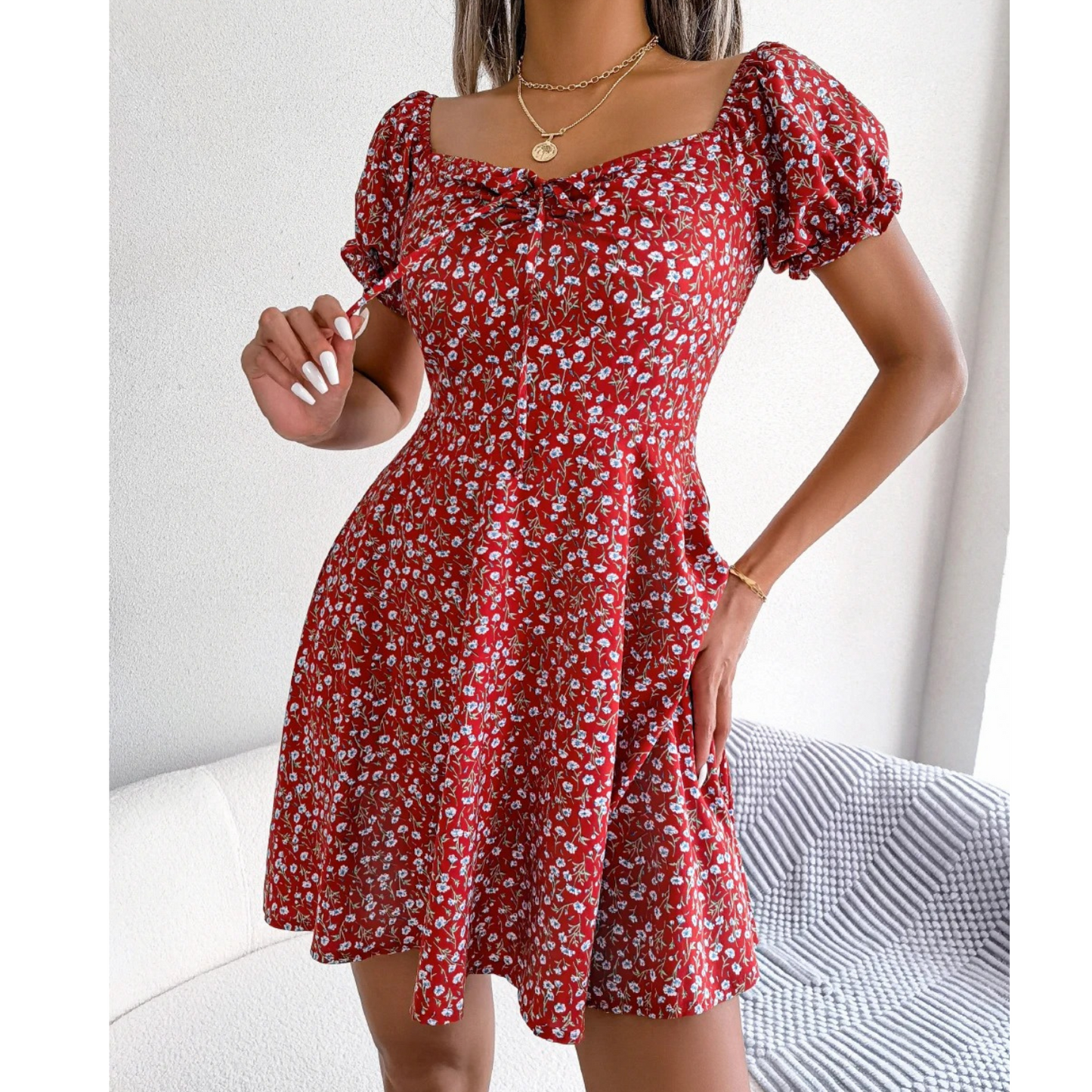 ModeParisienne® Robe d'été courte douce imprimée rouge avec ceintures