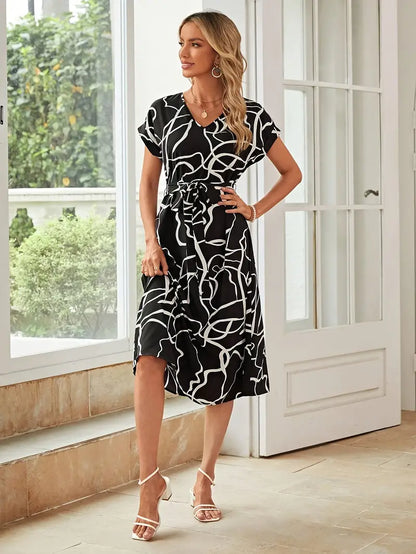 Robe d'été à col crissé avec motif abstrait, ceinture | Bonnie