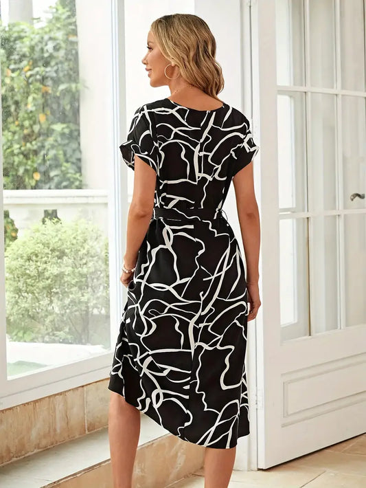 Robe d'été à col crissé avec motif abstrait, ceinture | Bonnie