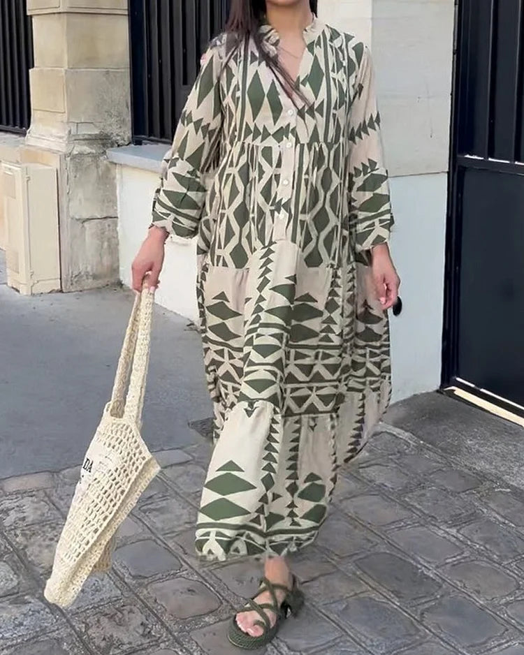 Robe décontractée à la mode avec col en V et manches longues imprimées