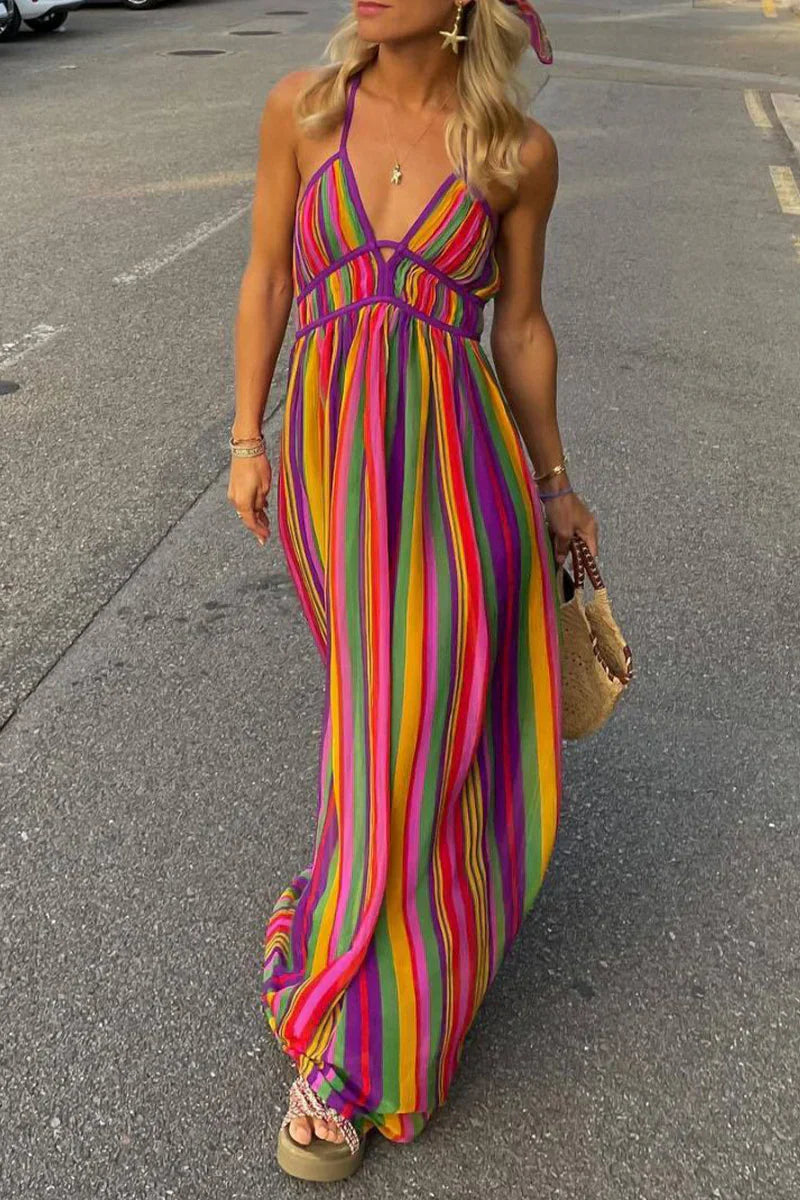 Robe à col en V et à rayures contrastées pour les vacances