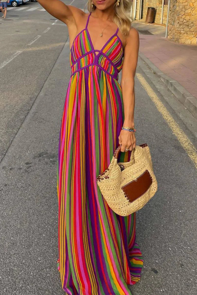 Robe à col en V et à rayures contrastées pour les vacances