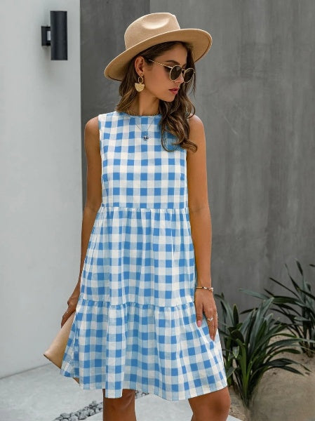 Robe de femme ample à col rond et à la mode, jupe à carreaux Pastel