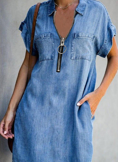 Vestido Denim Slim Fit Con Cremallera Y Cuello Vestidos