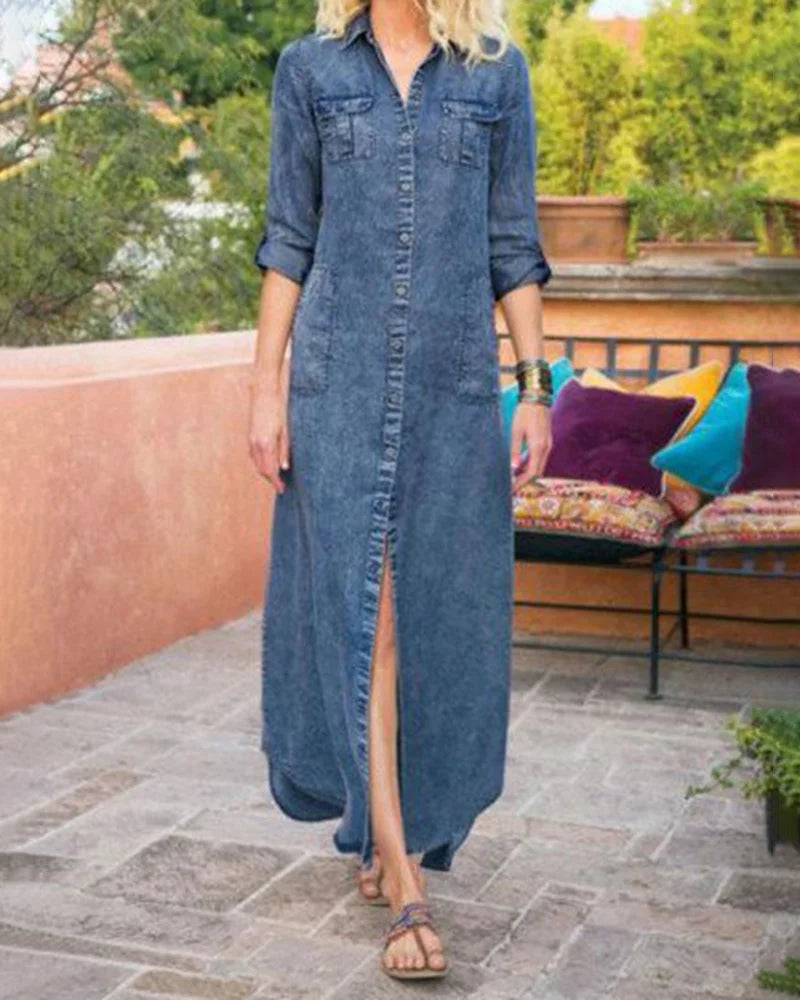 Robe en Jean Décontractée et Ample à Simple Boutonnage