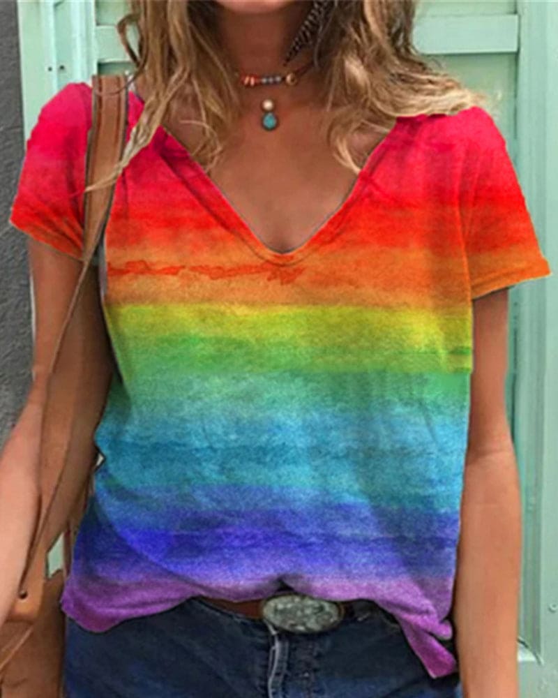 T-shirt Cripes Airy avec col V et imprimé arc-en-ciel