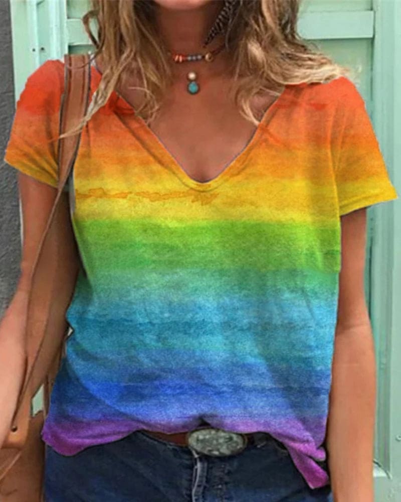 T-shirt Cripes Airy avec col V et imprimé arc-en-ciel