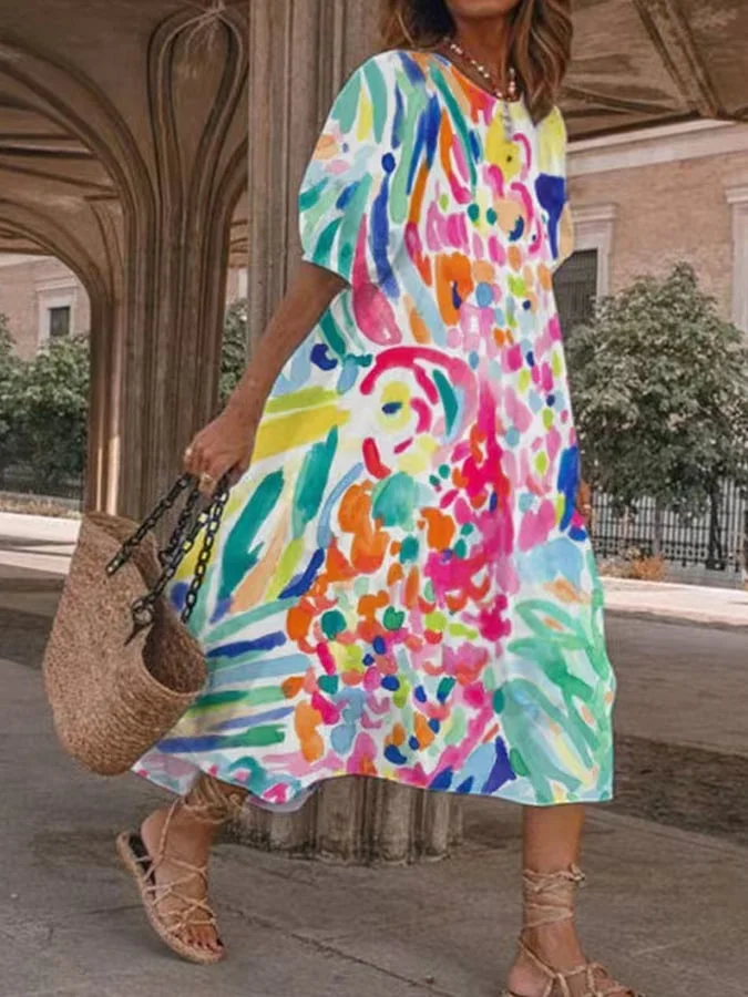 Robe décontractée à imprimé fleuri artistique pour femmes