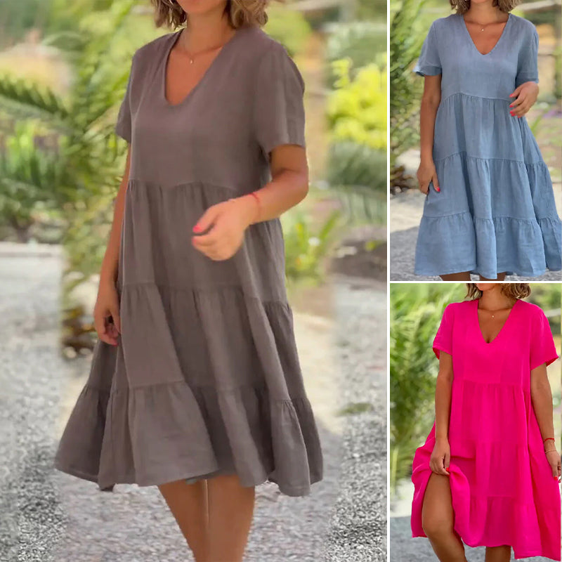 Robe en lin cripes à col V | Une couleur