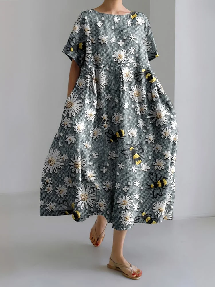 Robe décontractée pour femme avec imprimé abeille et dentelle florale