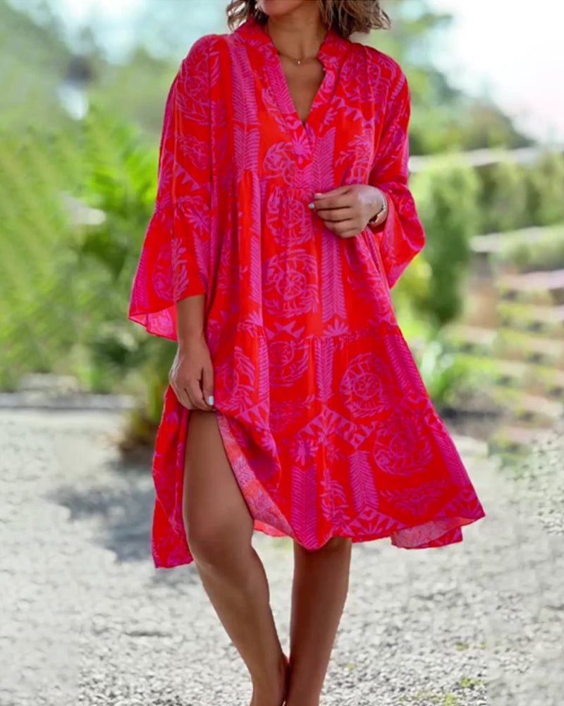 – Robe à manches 3/4 avec motif boho géométrique