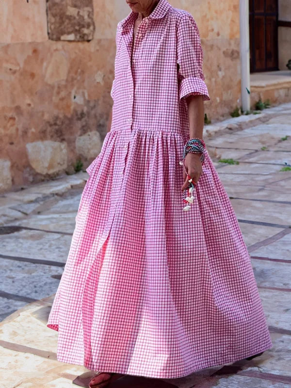 – Robe décontractée à manches longues en coton, lin et tissu à carreaux