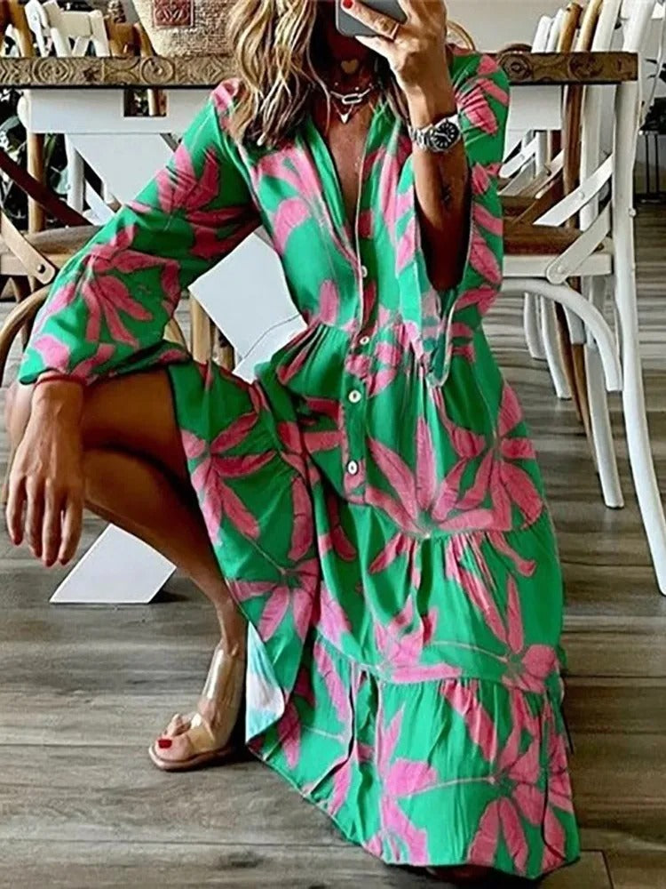 ModeParisienne® Robe d'été à imprimé floral avec col en V et manches évasées