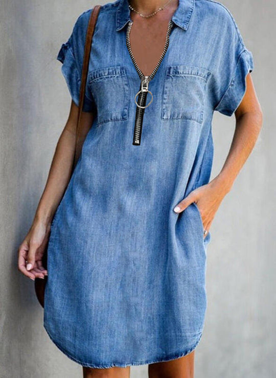 Vestido Denim Slim Fit Con Cremallera Y Cuello Vestidos