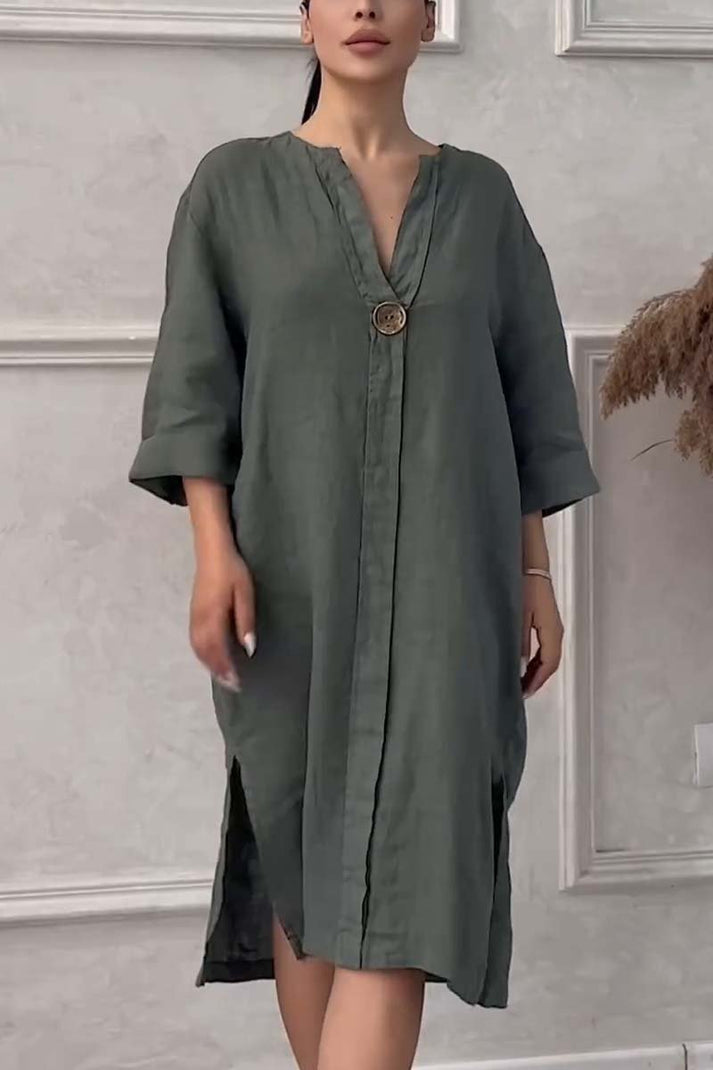 Robe décontractée boutonnée en coton et lin