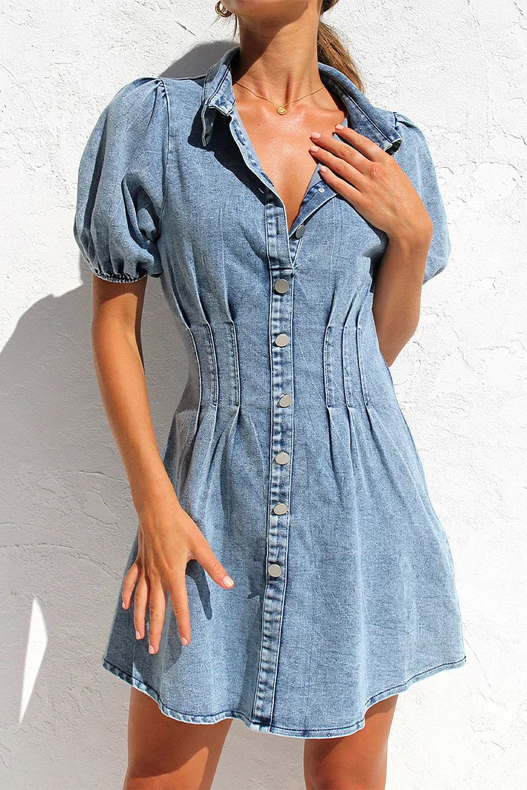 Robes en denim régulières à manches courtes et col rabattu avec fermeture éclair unie et douce et élégante