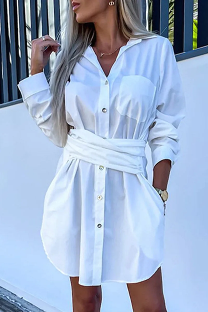 Robe chemise décontractée et simple avec poche unie et col chemise