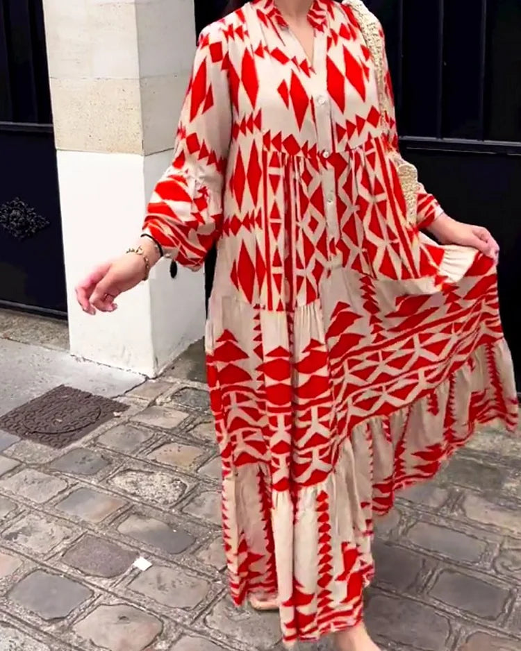 Robe décontractée à la mode avec col en V et manches longues imprimées