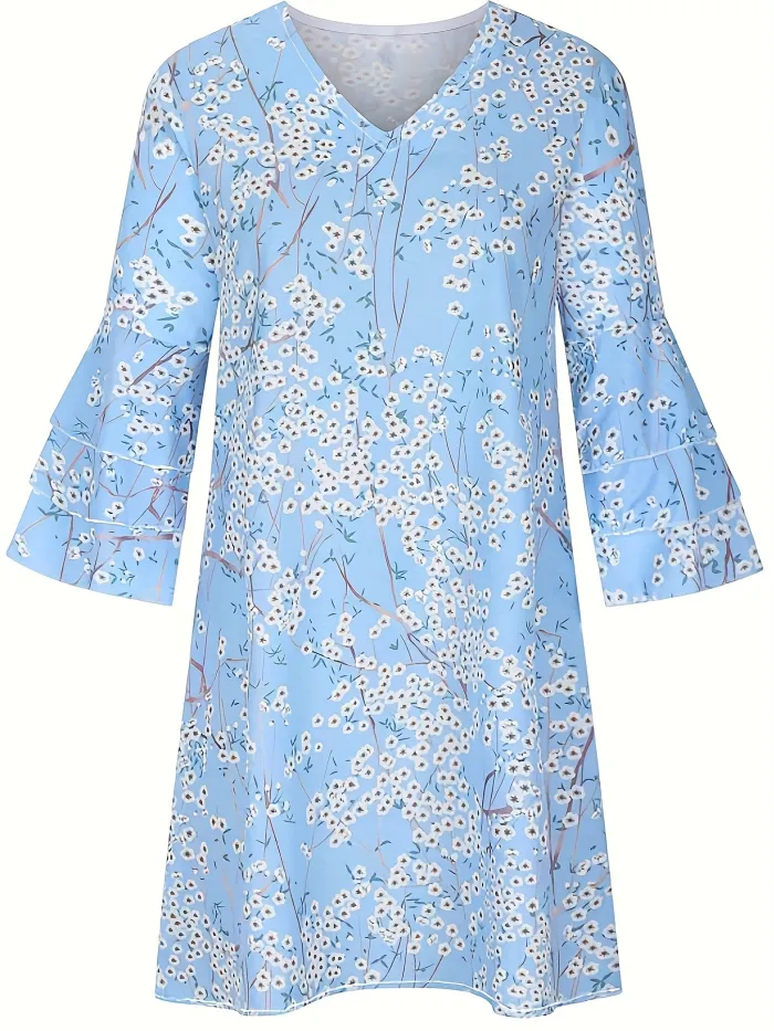 Floral Print Ruffle Hem Dress, Casual Layered V Neck Half Sleeve Dress, Vêtements pour femmes