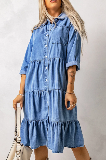 Robe-chemise en denim dégradé avec patte de boutonnage devant et volants