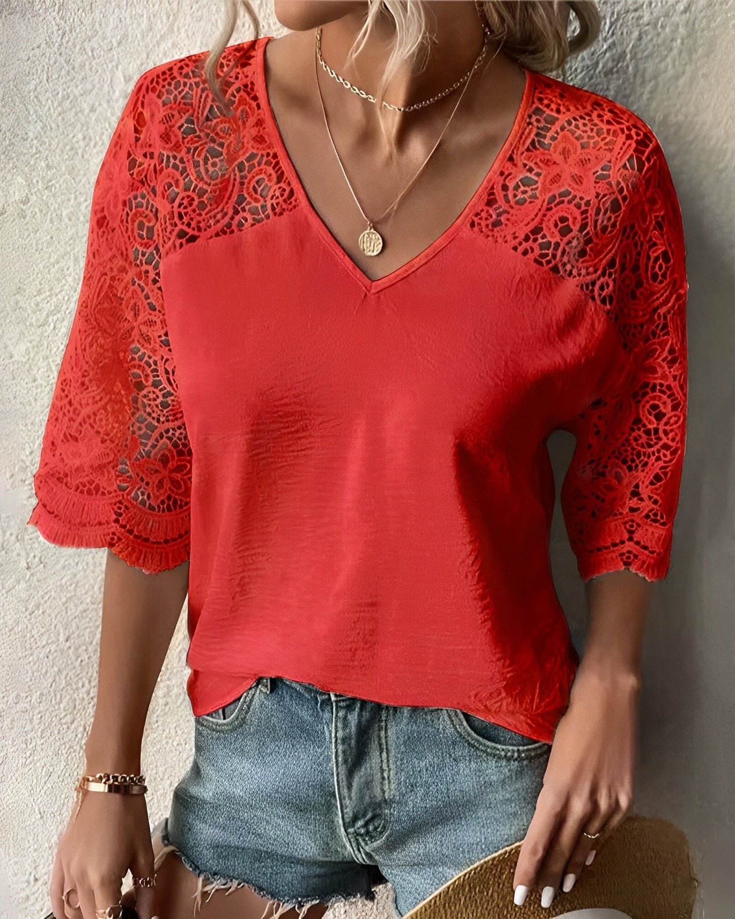 Blouse En Dentelle Cripes Avec Col V