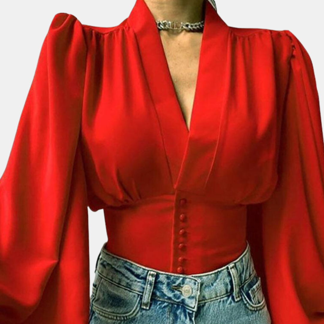 Blouse à manches bouffantes à la mode avec décolleté en V