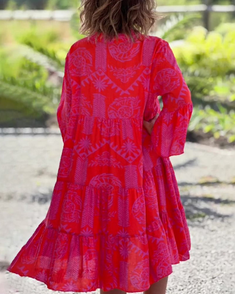 – Robe à manches 3/4 avec motif boho géométrique