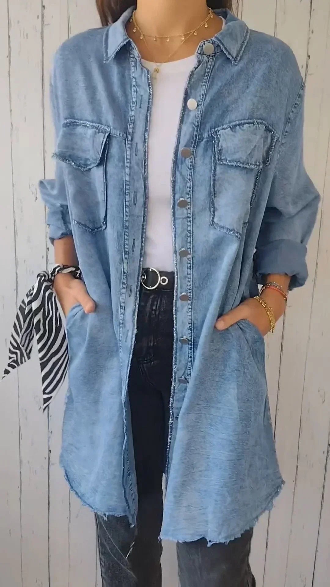 Chemise longue confortable en faux denim