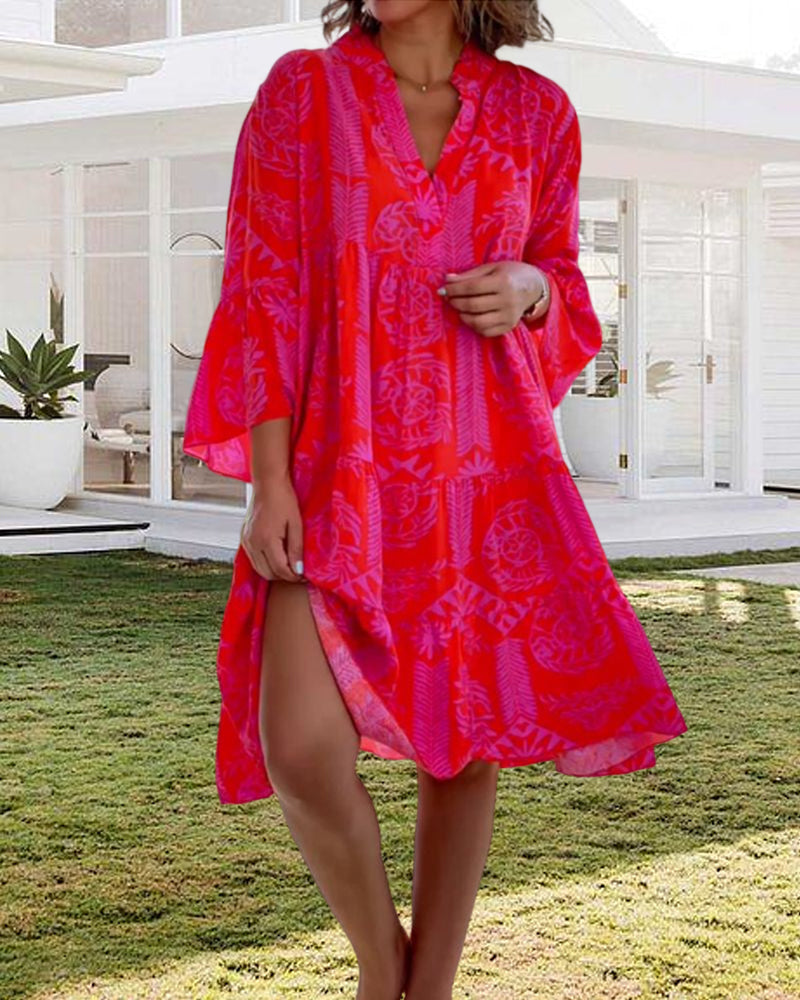 – Robe à manches 3/4 avec motif boho géométrique