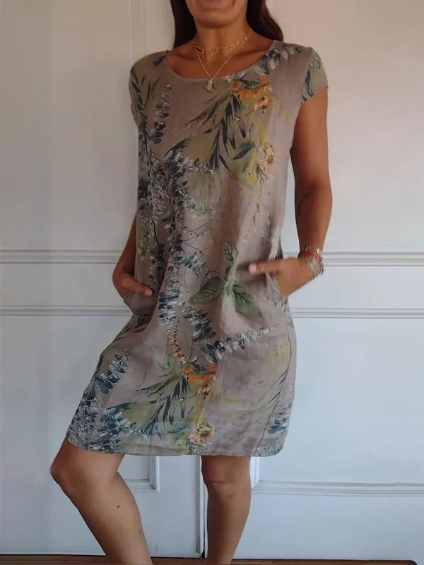 Robe imprimée à col rond en coton et lin pour femme