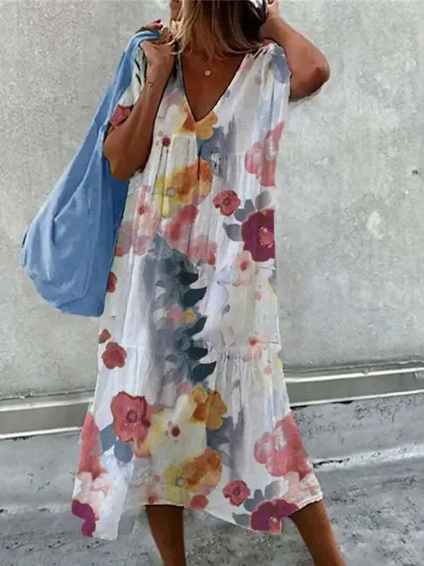 robe de plage boho pour femme robe d'été à col en V et à manches courtes à imprimé floral