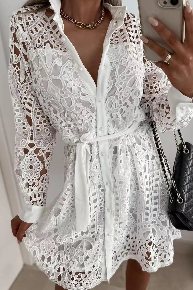 Robe de soirée pour femme, col en V, manches longues, dentelle, tenue de festival