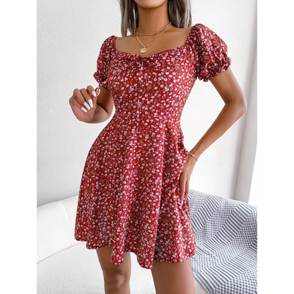 Robe d'été ModeParisienne® à imprimé fleuri rouge et col U