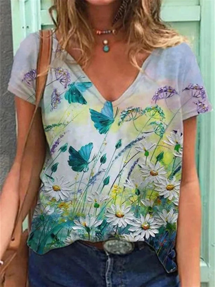 shirt col V peinture d'art floral