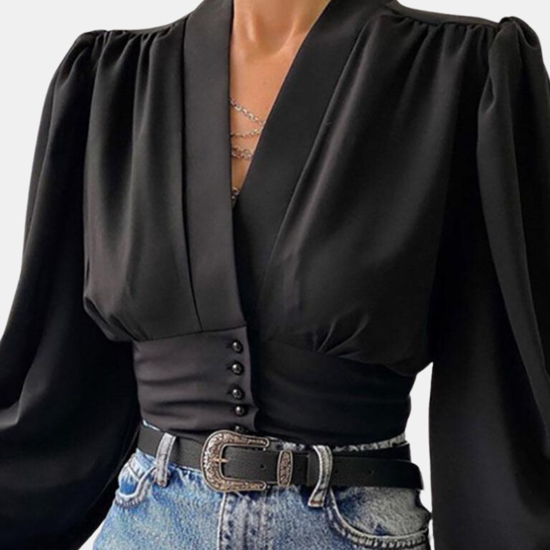 Blouse à manches bouffantes à la mode avec décolleté en V