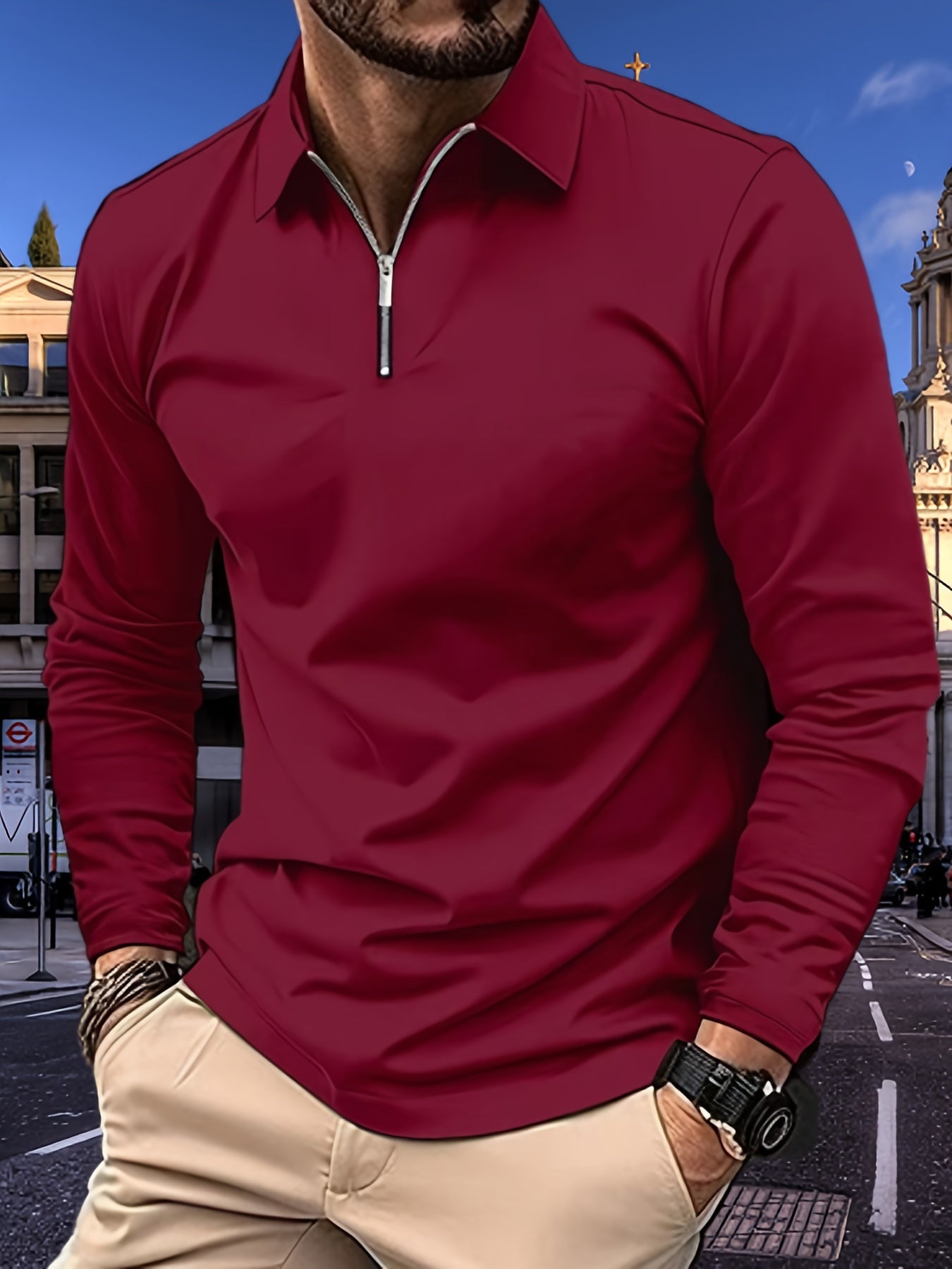 Chemise basique à manches longues avec zip pour homme