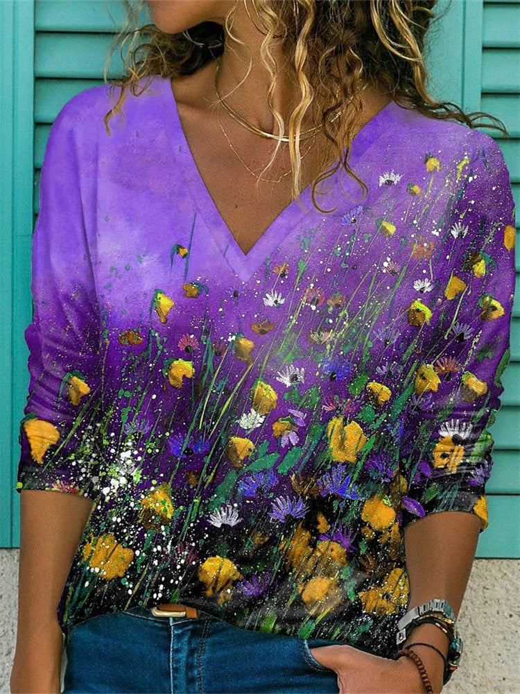 shirt à col V avec peinture de fleurs