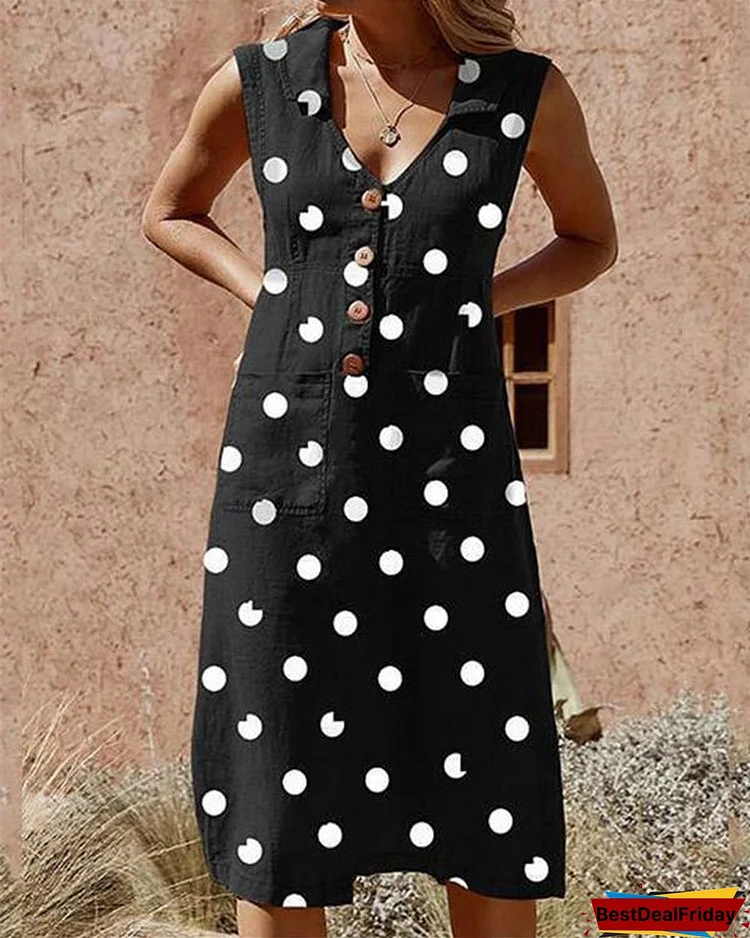 Robe Elégante Boutonnée à Pois Avec Poche Pour Femme