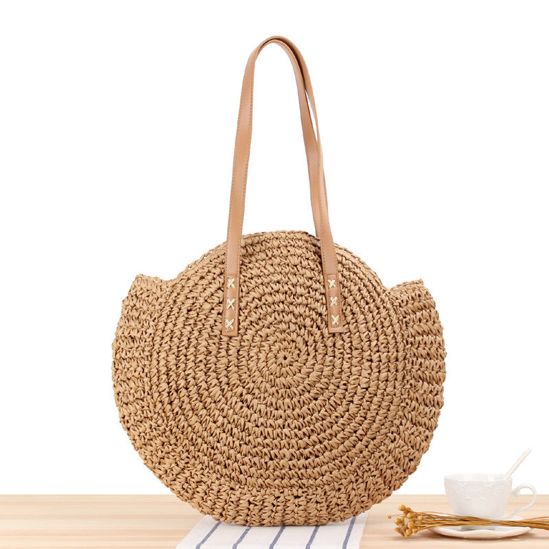 Einfache runde Schultertasche Strohtasche Sommer Strandtaschen