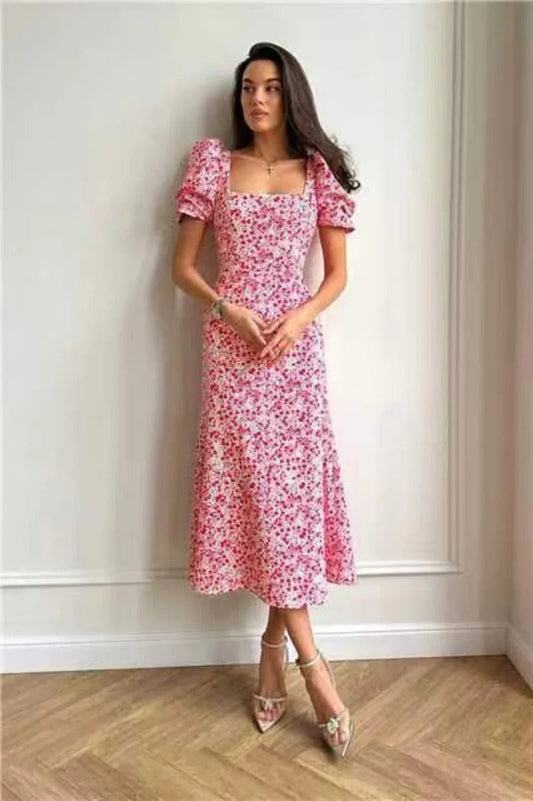 ModeParisienne® Robe d'été à manches courtes bouffantes et imprimé floral