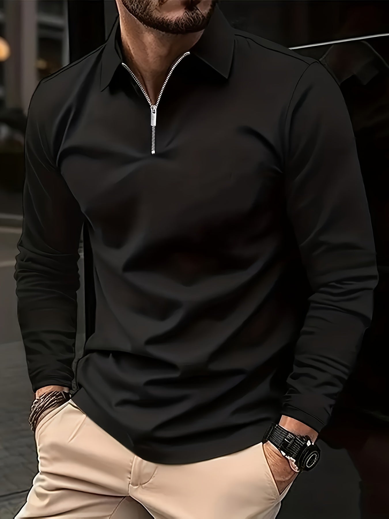 Chemise basique à manches longues avec zip pour homme