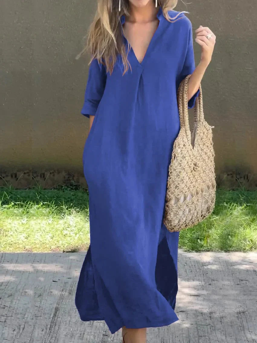 Robe en lin à col en V de couleur unie pour femme, avec poche et col en V