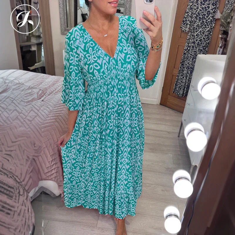 Robe décontractée à col en V et taille froncée style bohème