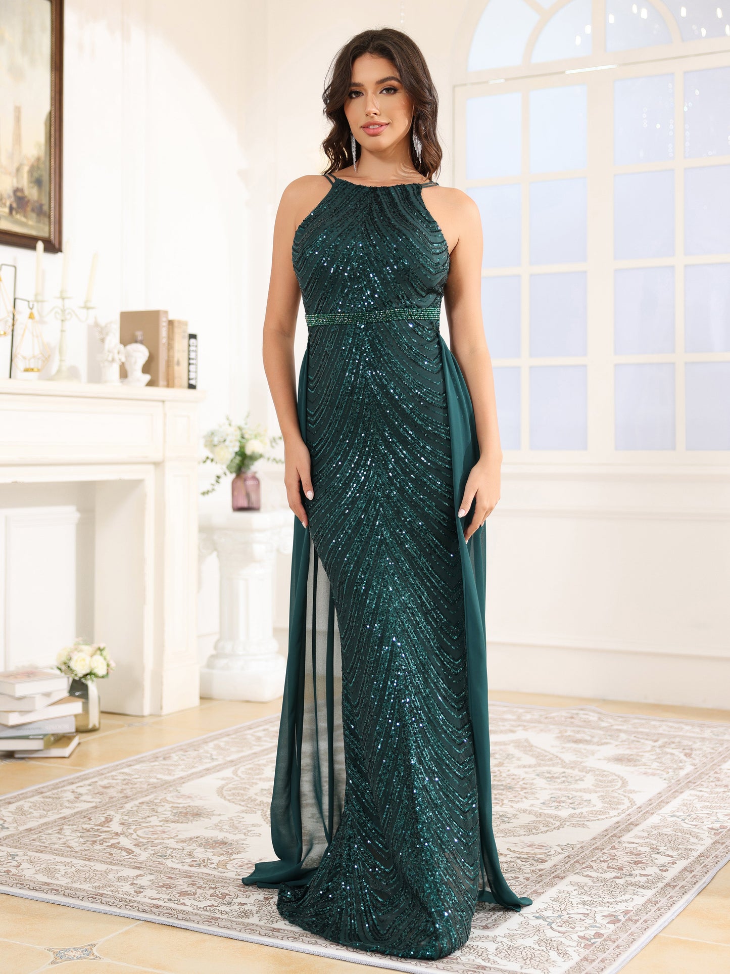 détachable Paillettes Robe de Soirée VERT FONCE