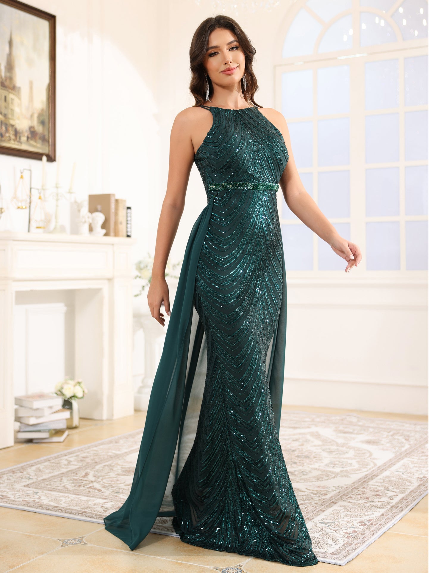 détachable Paillettes Robe de Soirée VERT FONCE