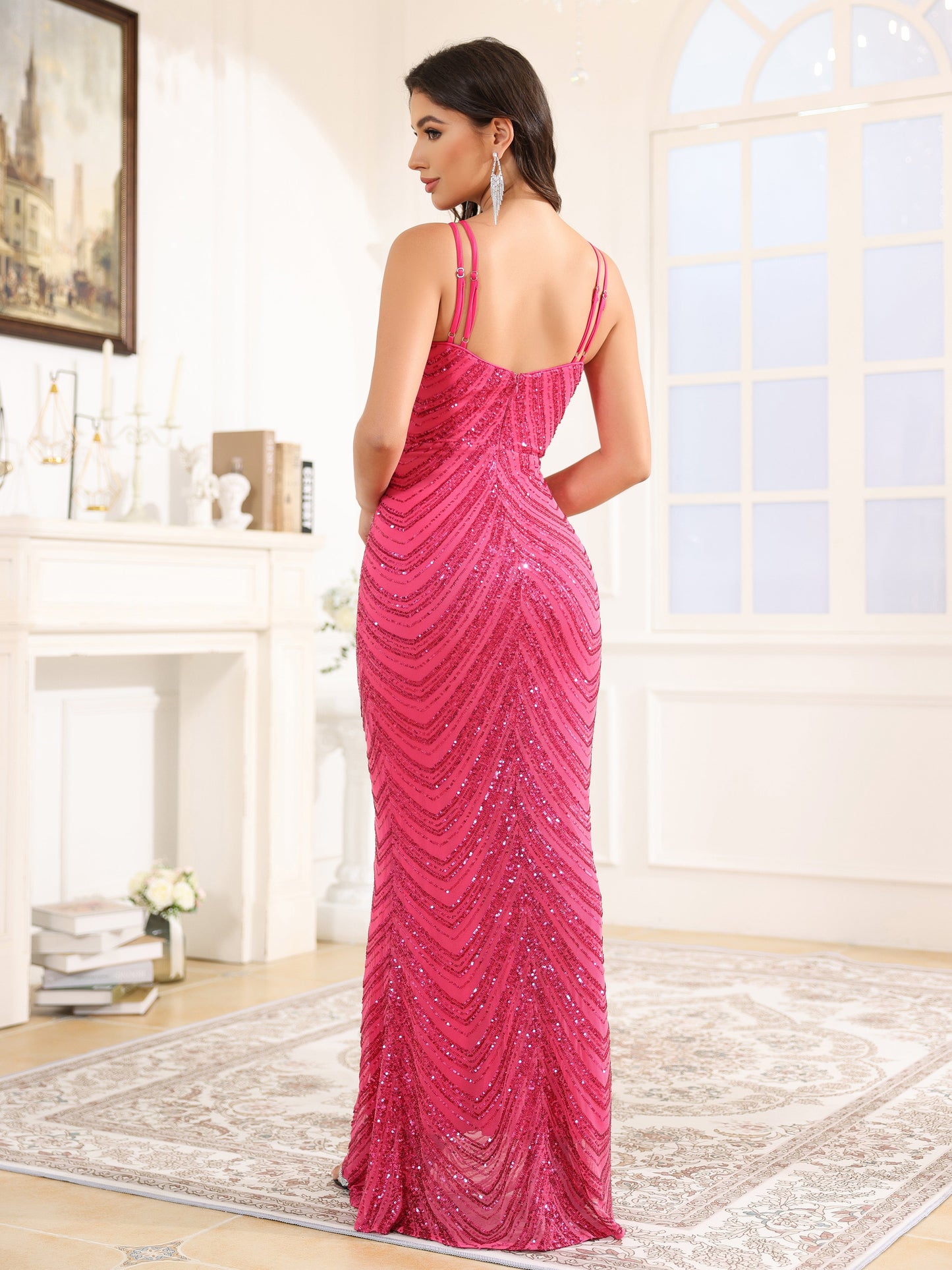 détachable Paillettes Robe de Soirée FUCHSIA