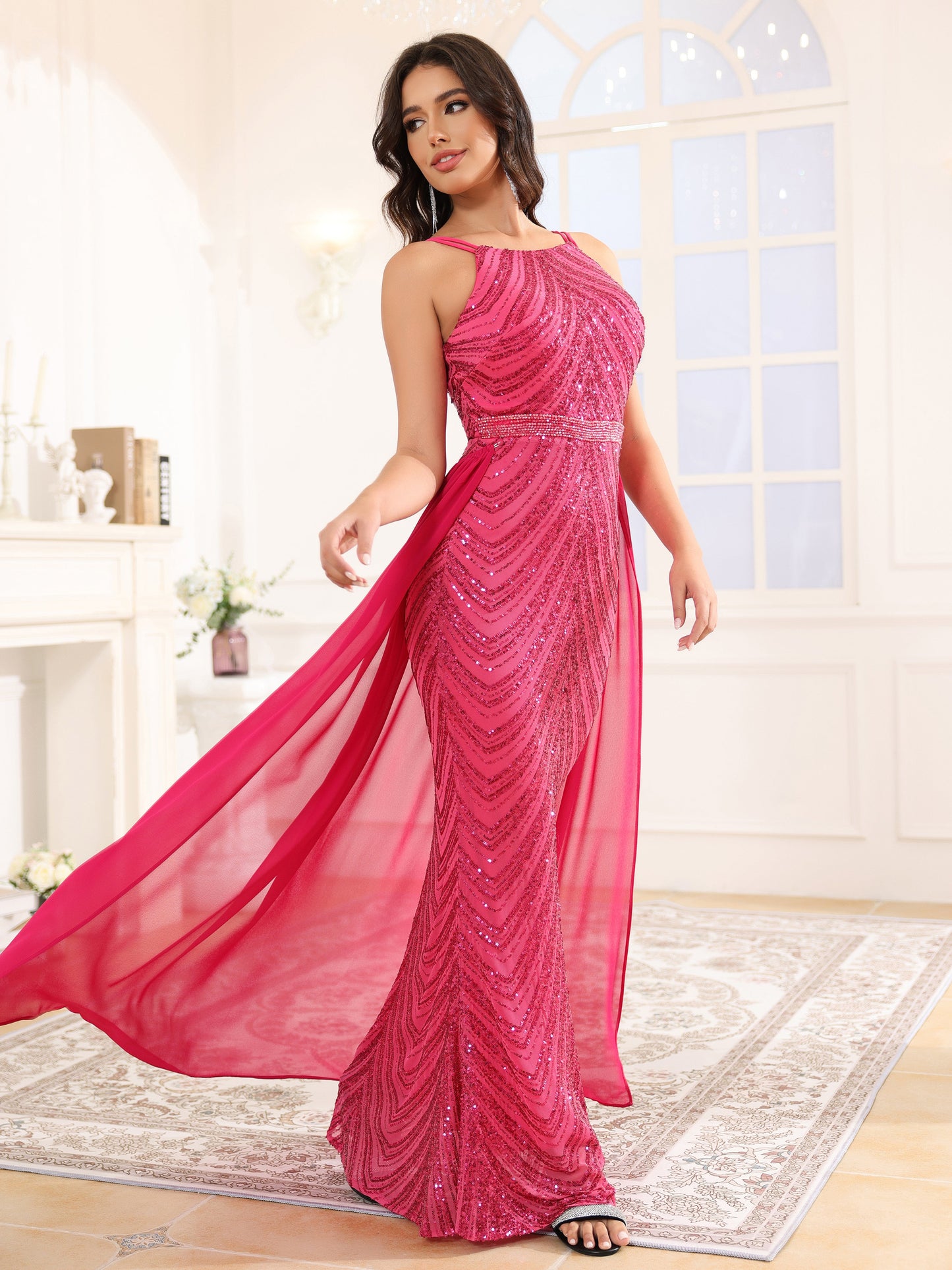 détachable Paillettes Robe de Soirée FUCHSIA