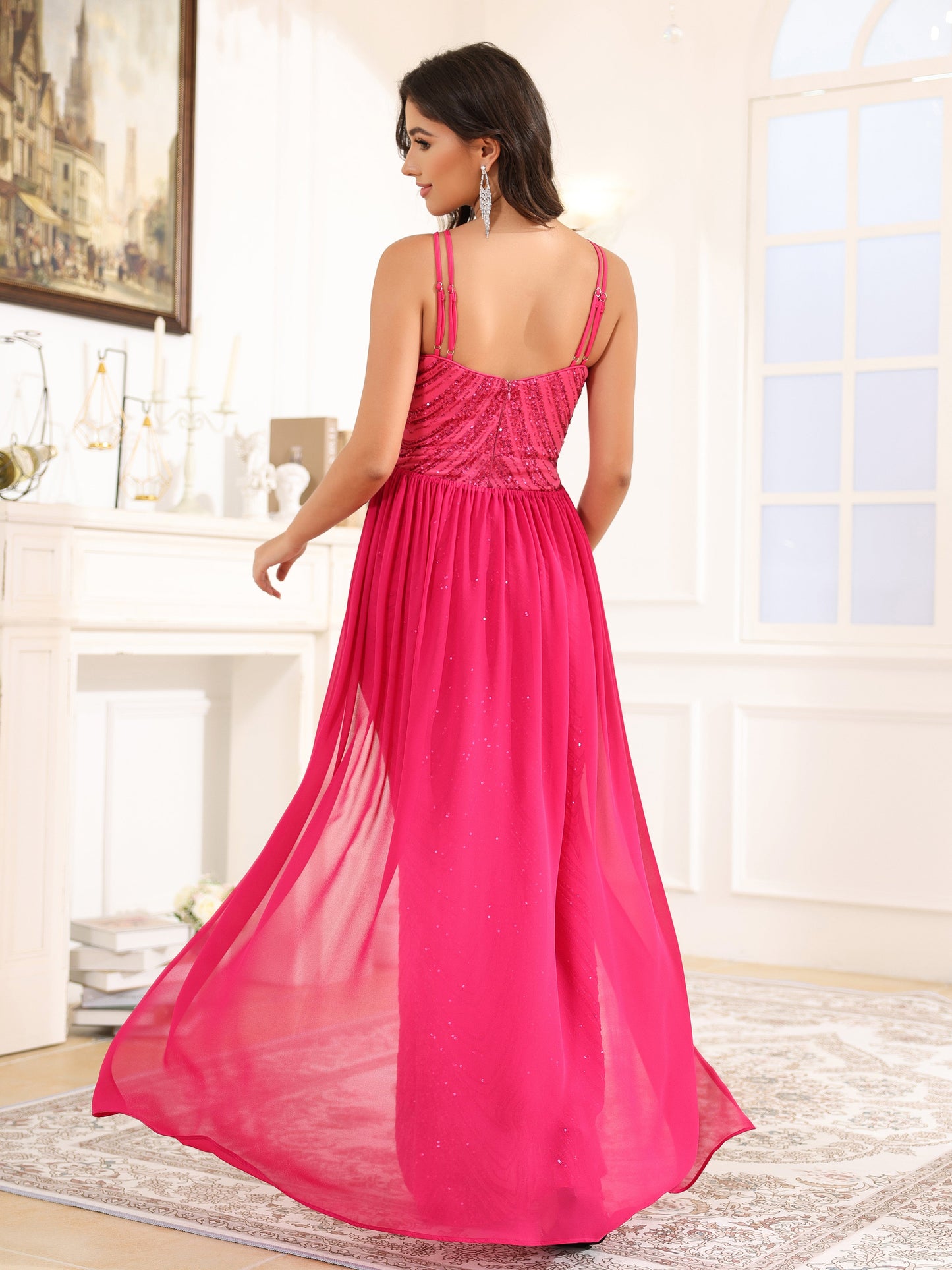 détachable Paillettes Robe de Soirée FUCHSIA