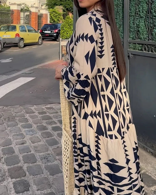 Robe décontractée à la mode avec col en V et manches longues imprimées