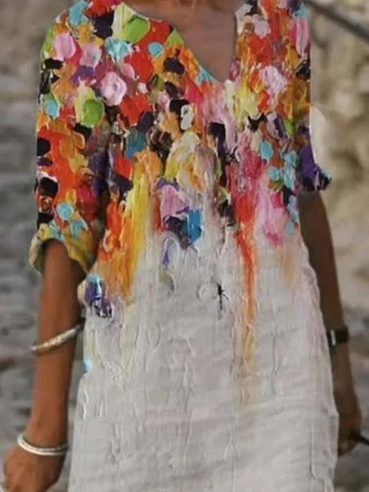 Robe femme en coton et lin avec encolure et imprimé peinture à l'huile